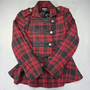 William Rast Red Black Plaid Military Peplum Jacket Womens Medium Wool Blend